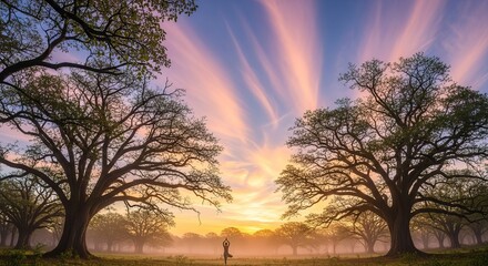 Naklejka premium Trees frame a person silhouetted against a sunrise or sunset sky.