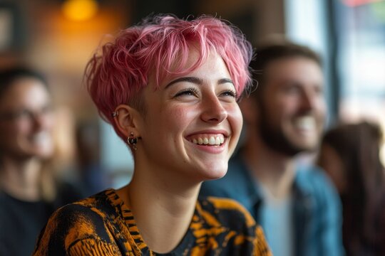 Inclusive, happy, smiling disabled gay female employee with short pink hair laughing with colleagues during a business team meeting. Celebrating diversity and inclusion in a DEIB, Generative AI