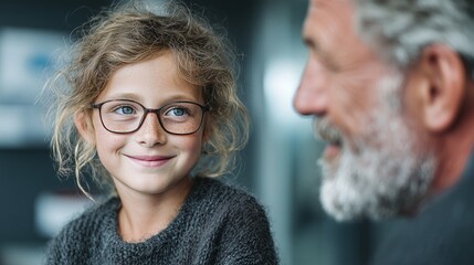 Portrait of a smiling granddaughter wearing eyeglasses interacting with her grandfather at home
