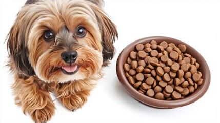 Happy puppy is lying near a bowl of dry food, looking at camera