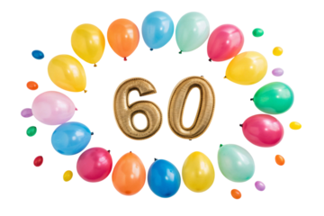 Golden number 60 balloon surrounded by colorful party balloons isolated on transparent background