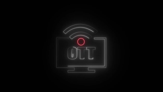 Neon Outline of a Television Screen with OT Text and Wi- Fi Symbol on Black Background monitor . 4k video