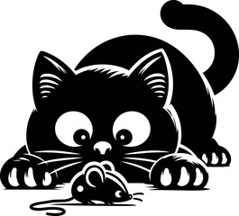 Black cat stalking a mouse illustration