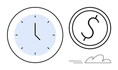 Clock with blue face alongside a dollar coin, symbolizing time and money balance or management. Ideal for finance, investment, productivity, time management, business, scheduling, economic planning