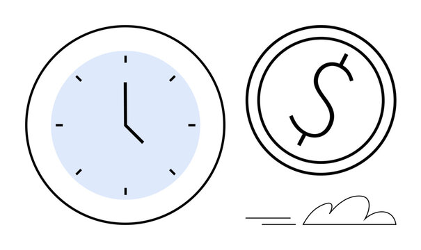 Clock with blue face alongside a dollar coin, symbolizing time and money balance or management. Ideal for finance, investment, productivity, time management, business, scheduling, economic planning