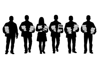 Vector art of silhouette of people carrying stacks of books isolated on white background vector