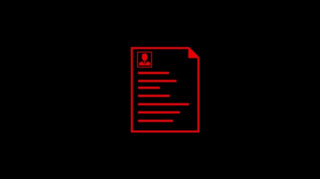 Red Resume Icon on Black Background Representing Job Application and Personal Profile curriculum vitae . 4k video
