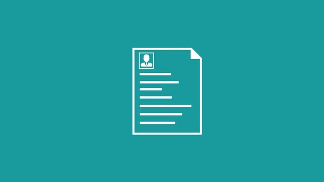 White Resume Icon on Teal Background Representing Job Application and Personal Data curriculum vitae . 4k video