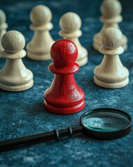 Standing Out: Red Chess Pawn and Magnifying Glass on Textured Background chess pawn red textured pet
