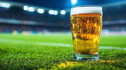 Pint of beer is standing on grass in soccer stadium during night match with copy space