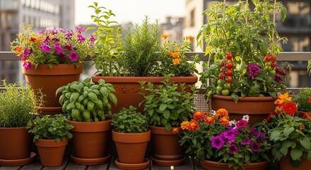 Naklejka premium Various potted plants and flowers are arranged on a balcony in daylight.