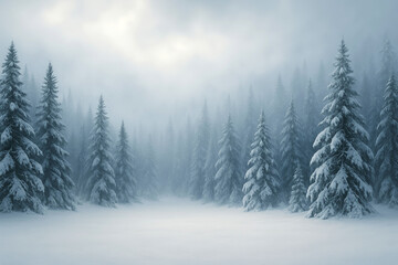Naklejka premium Snow-covered forest landscape under soft mist during winter afternoon near mountain range creates a tranquil atmosphere and showcases nature's beauty