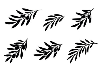 Olive branches leaves set silhouettes
