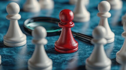 Standing Out: Red Chess Pawn Examined by Magnifying Glass chess pawn red white unique standing out