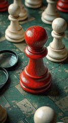 Unique Red Chess Pawn Standing Out on Chessboard with Magnifying Glasses chess pawn chessboard red