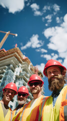 Portrait of a group of builders on the background of a new building