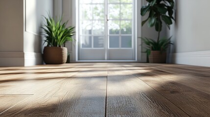 Fototapeta premium Warm inviting sunlight filtering through the window onto the natural wood floor creating a cozy and peaceful living
