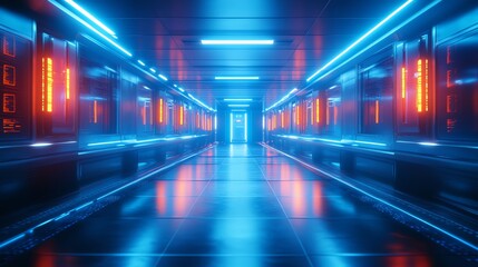 Futuristic Neon Light Corridor with Blue and Red Lighting in Technology Center
