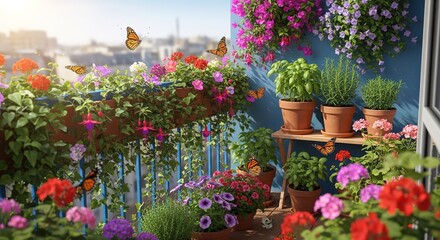 Fototapeta premium Balcony filled with colorful flowers in pots and hanging planters sunny day.