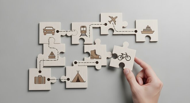 Planning a trip itinerary concept. Hand connecting puzzle pieces with icons for car, train, plane, and boat travel