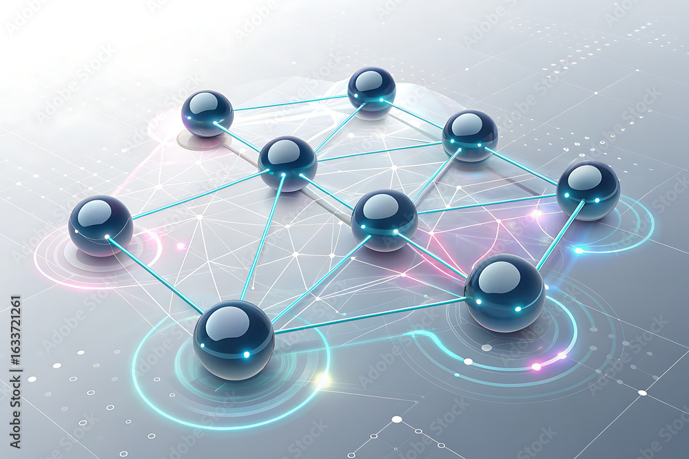 Aufkleber dynamic interconnected network of glowing spheres symbolizing global data flow and digital communica
