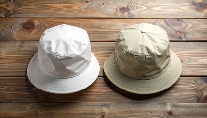 A pair of simple white and beige bucket hats for casual outdoor fashion style