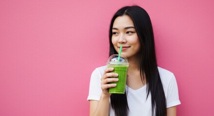 Young woman enjoys a refreshing green smoothie against a vibrant pink wall.