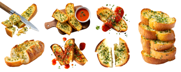 Set of butter herb Garlic toasted baked bread bun loaf slice on transparent cutout PNG. Many different angles, stack pile, serve board, tomato soup, salsa sauce knife, broken bitten pieces. Mockup	
