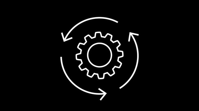 Gear rotation animation with arrows on transparent background. Process automation animation. white linear cogwheel, process optimization icon, workflow cycle, mechanical settings for UI or tech videos