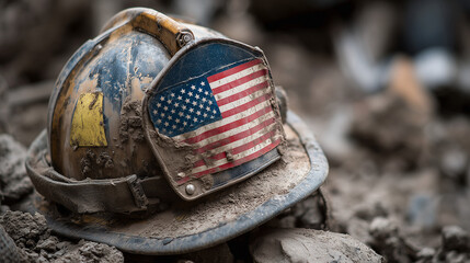 Digital art of a firefighter helmet and American flag resting on rubble, subtle memorial theme
