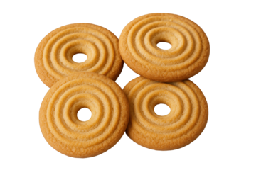 Four golden-brown circular butter cookies with concentric rings and a central hole, presented in a close-up studio shot.