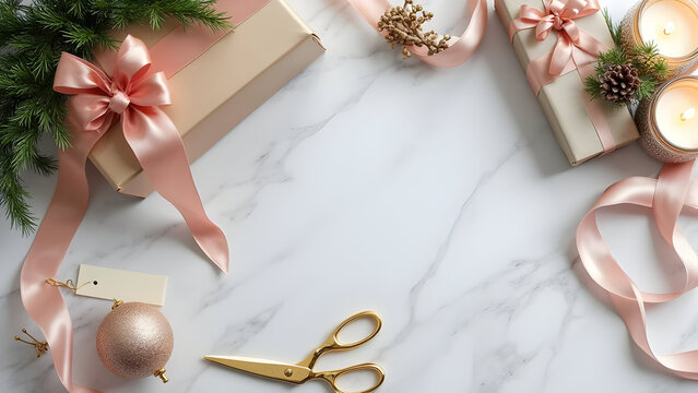 Overhead View of Elegant Christmas Gift Wrapping Scene Featuring Blush Pink Satin Ribbons Beige Gift Boxes Gold Scissors Rose Gold Ornament and Lit Candles on White Marble Surface