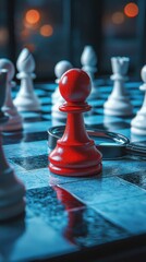 Unique Red Chess Pawn and Magnifying Glass - Business Strategy Concept chess pawn strategy concept