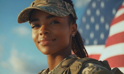 Mixed-race female soldier with the American flag, celebrating Independence Day, emphasizing diversity and inclusion within the military, Generative AI