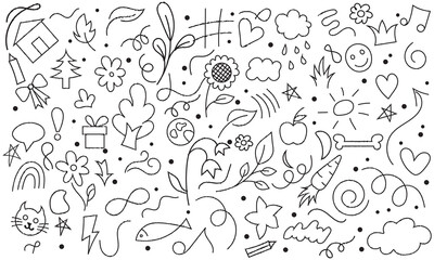 Cute kid crayon hand drawn icon background. Kid pattern, baby background. Cute school sketch. Color cloud house, flower, rainbow sun, cat. Cute crayon child doodle pattern. Vector illustration. EPS 10