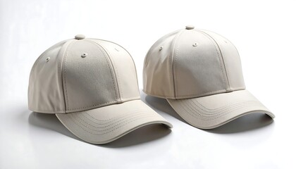 Fototapeta premium A pair of blank beige baseball caps isolated on a white background for mockup