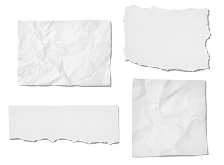 collection of  white ripped pieces of paper on white background. each one is shot separately