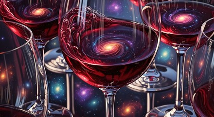 Wine glasses filled with red liquid reflect galaxies against a cosmic background.