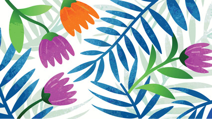 Watercolor floral pattern with pink and orange flowers and blue fern leaves on white background