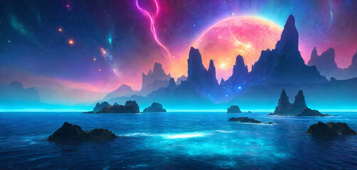 Surreal landscape with a colorful sky, mountainous formations, and a body of water.