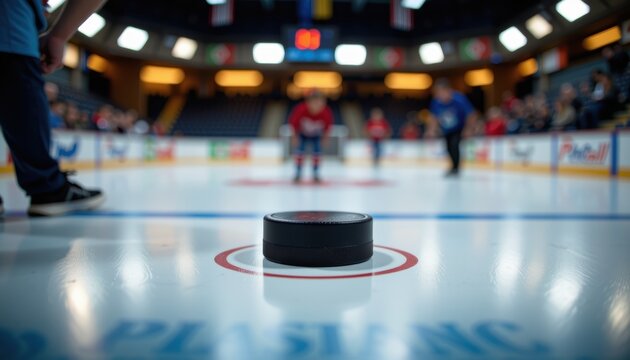 Hockey puck on ice rink with players in the background.