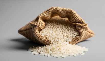 Abundant white rice spills from rustic burlap sack onto clean gray surface, highlighting natural goodness