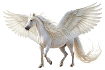 Majestic white pegasus horse with large wings isolated on transparent background