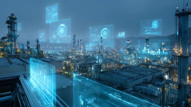 digital display showing production data and statistics floating in a futuristic manufacturing plant