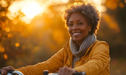 Active senior black woman cycling in nature during the golden hour, celebrating health and wellness in her later years, Generative AI