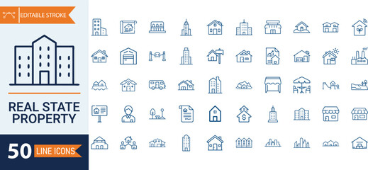 Collection Of Modern Editable Thin Line Style Real Estate Properties Icons Set Containing Urban Architecture, Building, Skyscraper, Pictograms, Infographics And More