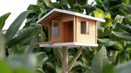 A small wooden treehouse with a white roof and a door on the side.