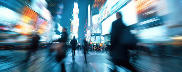 Crowd moving through Times Square in New York City on a busy evening with bright lights and advertisements