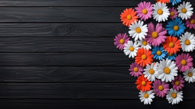 A collection of colorful flowers arranged in a loose pattern on a black wooden background.