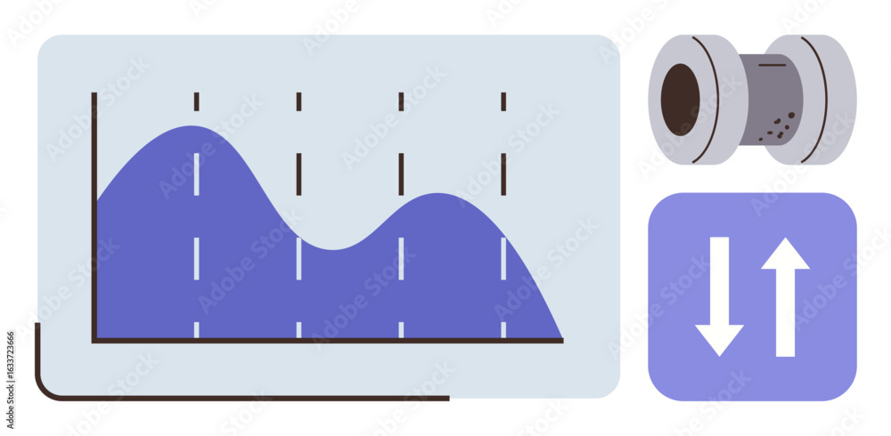 Poster blue line chart with rising and falling metrics, pipe section, and up-down arrows. ideal for process